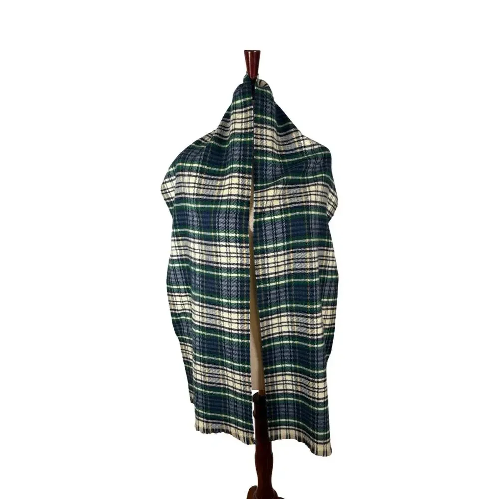 Faherty Green Plaid Wool Recycled Polyester Blend Scarf